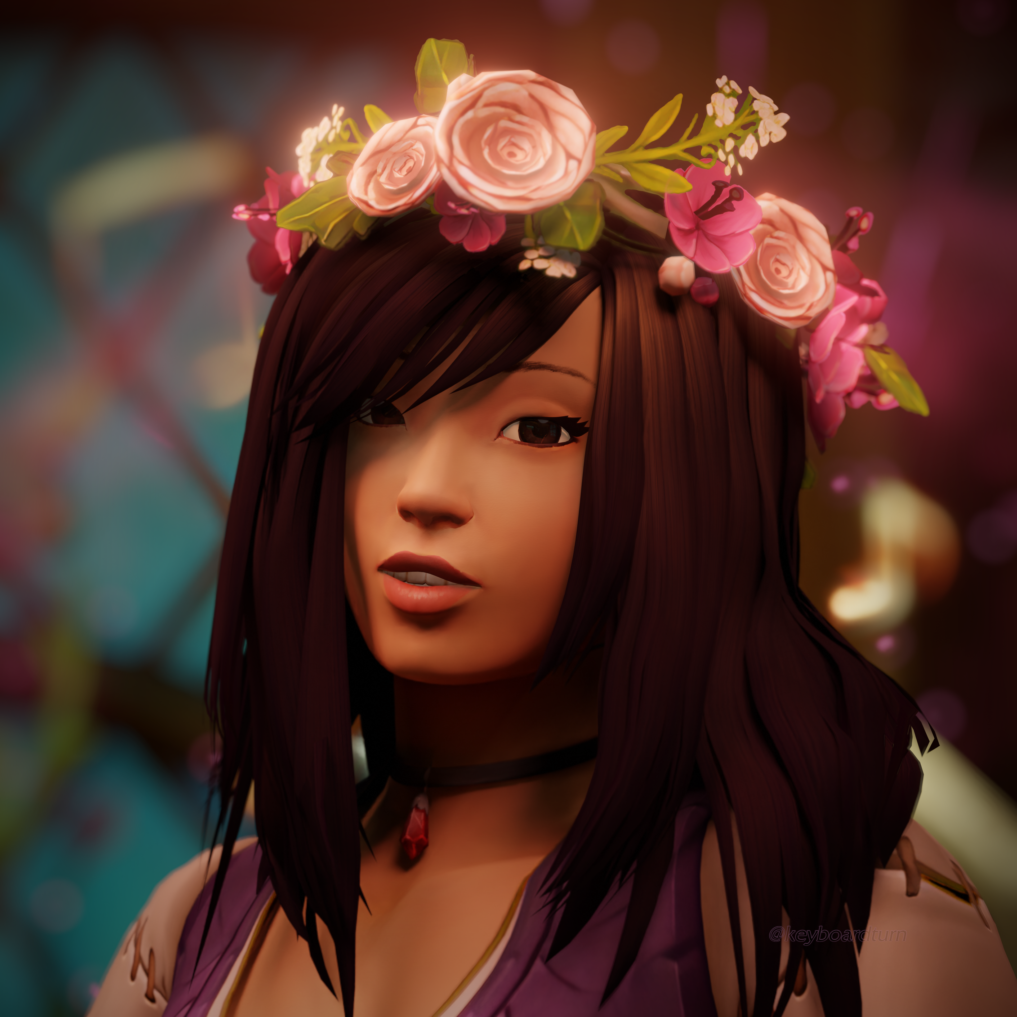 3d render of a human character focused on the face. She is wearing a flower crown and looking toward the camera.